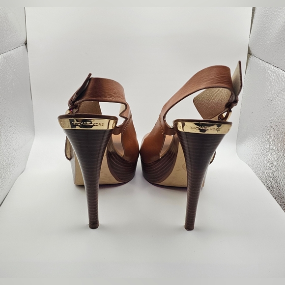 Michael Michael Kors Brown Leather Slingback Peep Toe Platform Heels - Sz 8 - Picture 3 of 7